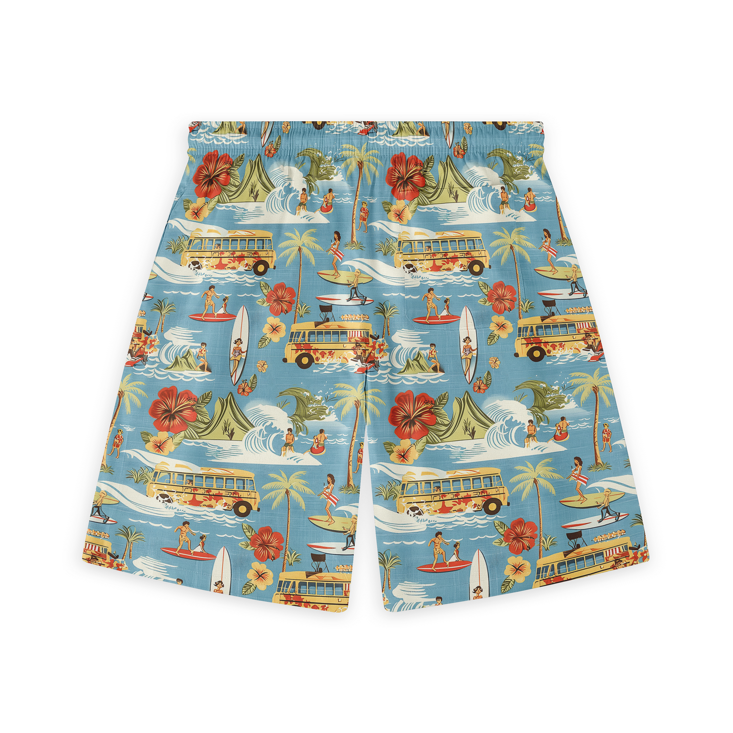 A pair of shorts featuring a retro design with vibrant scenes of surfers, vintage vans, palm trees, and hibiscus flowers on a light blue background, evoking a classic beach and surf culture vibe.