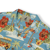 Hawaiian shirt with surfers, palm trees, flowers, and a bus.