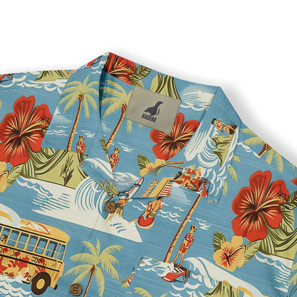 Hawaiian shirt with surfers, palm trees, flowers, and a bus.