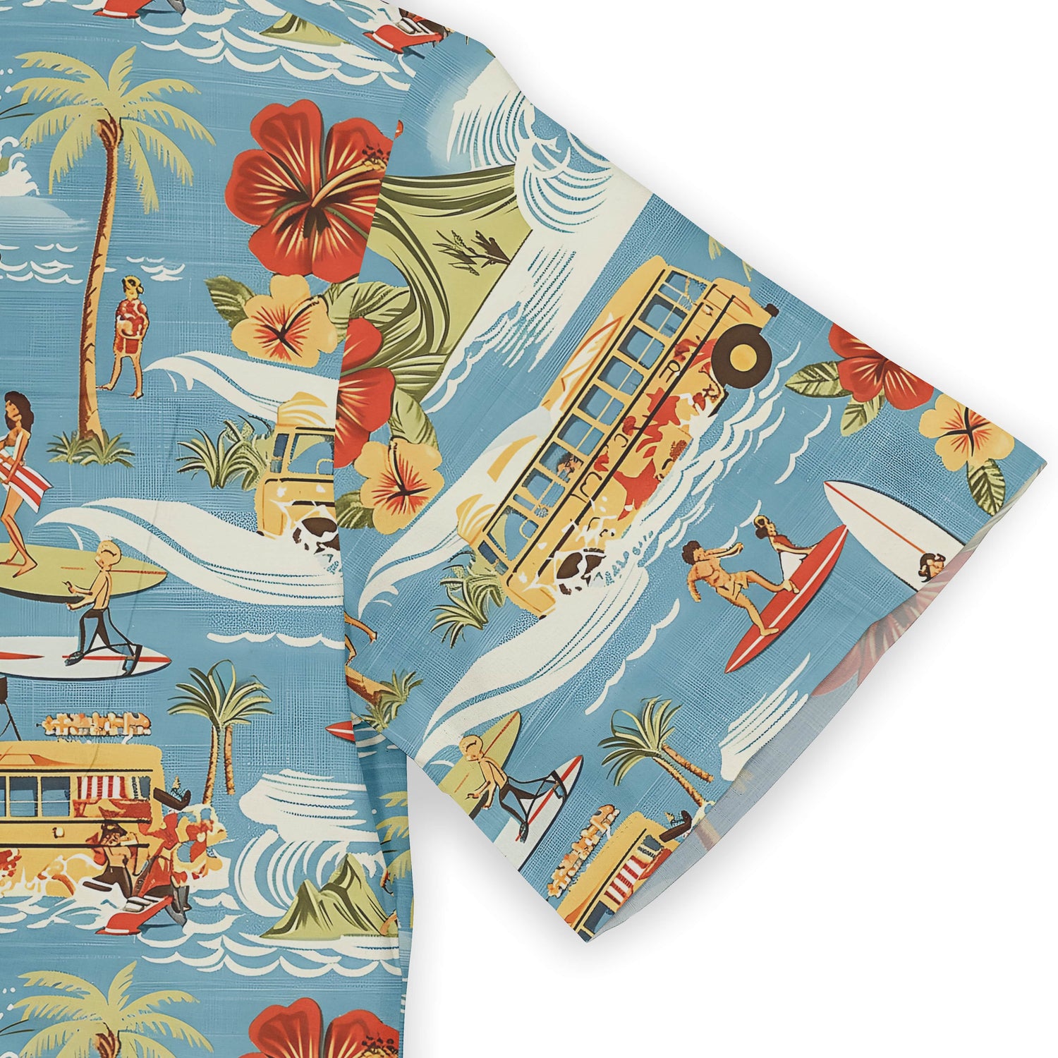 Nostalgic surf culture design with vibrant beach and wave motifs.