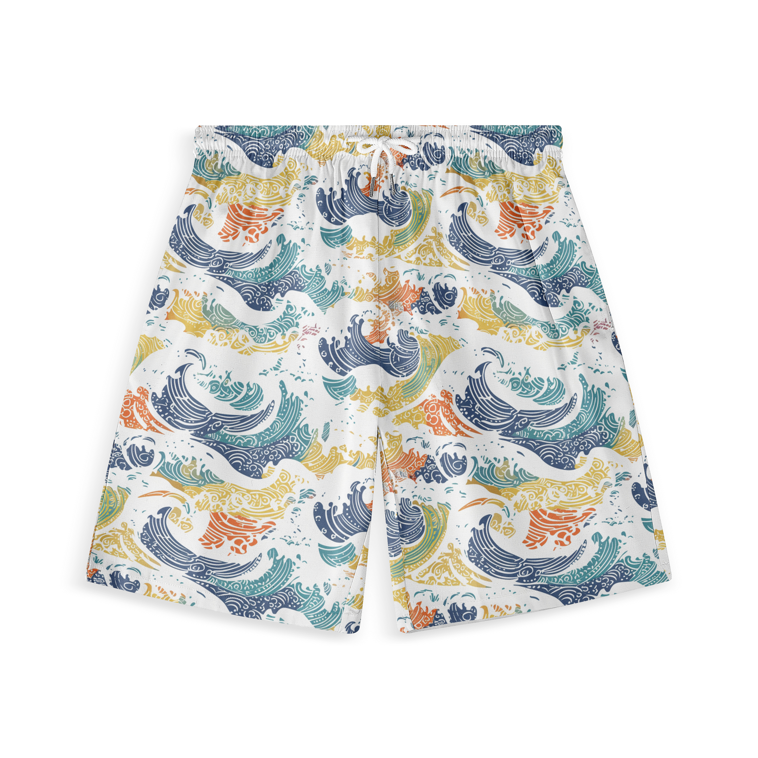 A pair of shorts featuring a vibrant design with multicolored ocean waves in shades of blue, yellow, and orange, creating a dynamic and energetic pattern on a white background.