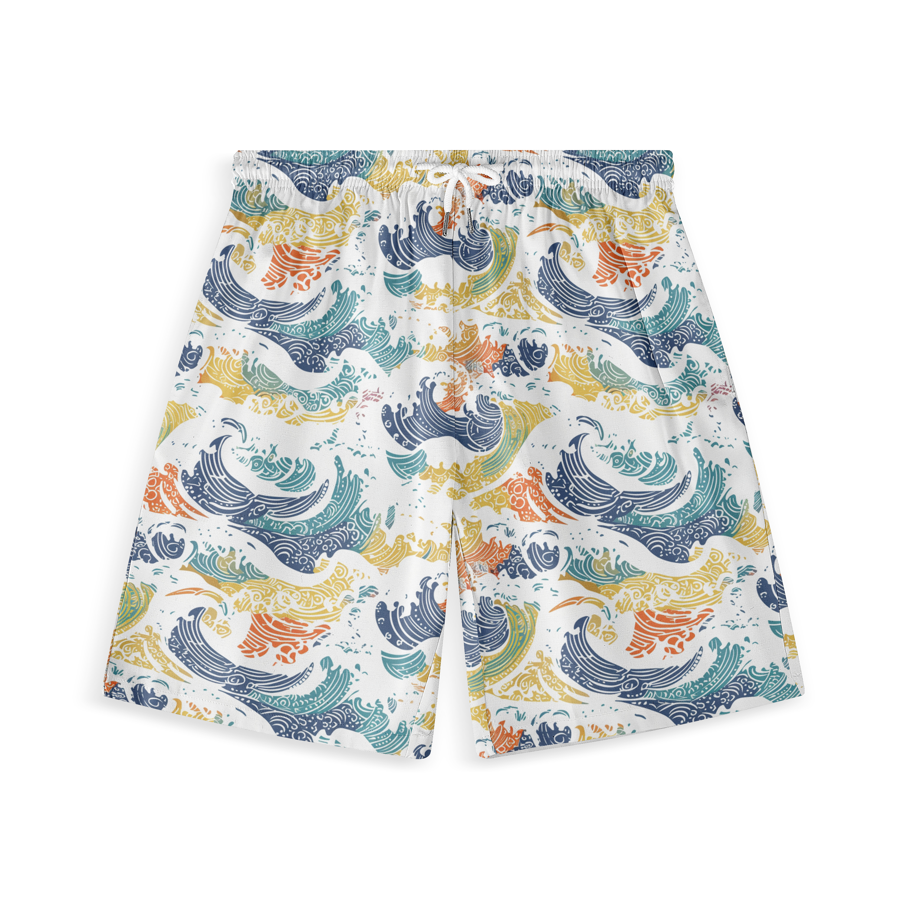 A pair of shorts featuring a vibrant design with multicolored ocean waves in shades of blue, yellow, and orange, creating a dynamic and energetic pattern on a white background.