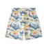 A pair of shorts featuring a vibrant design with multicolored ocean waves in shades of blue, yellow, and orange, creating a dynamic and energetic pattern on a white background.