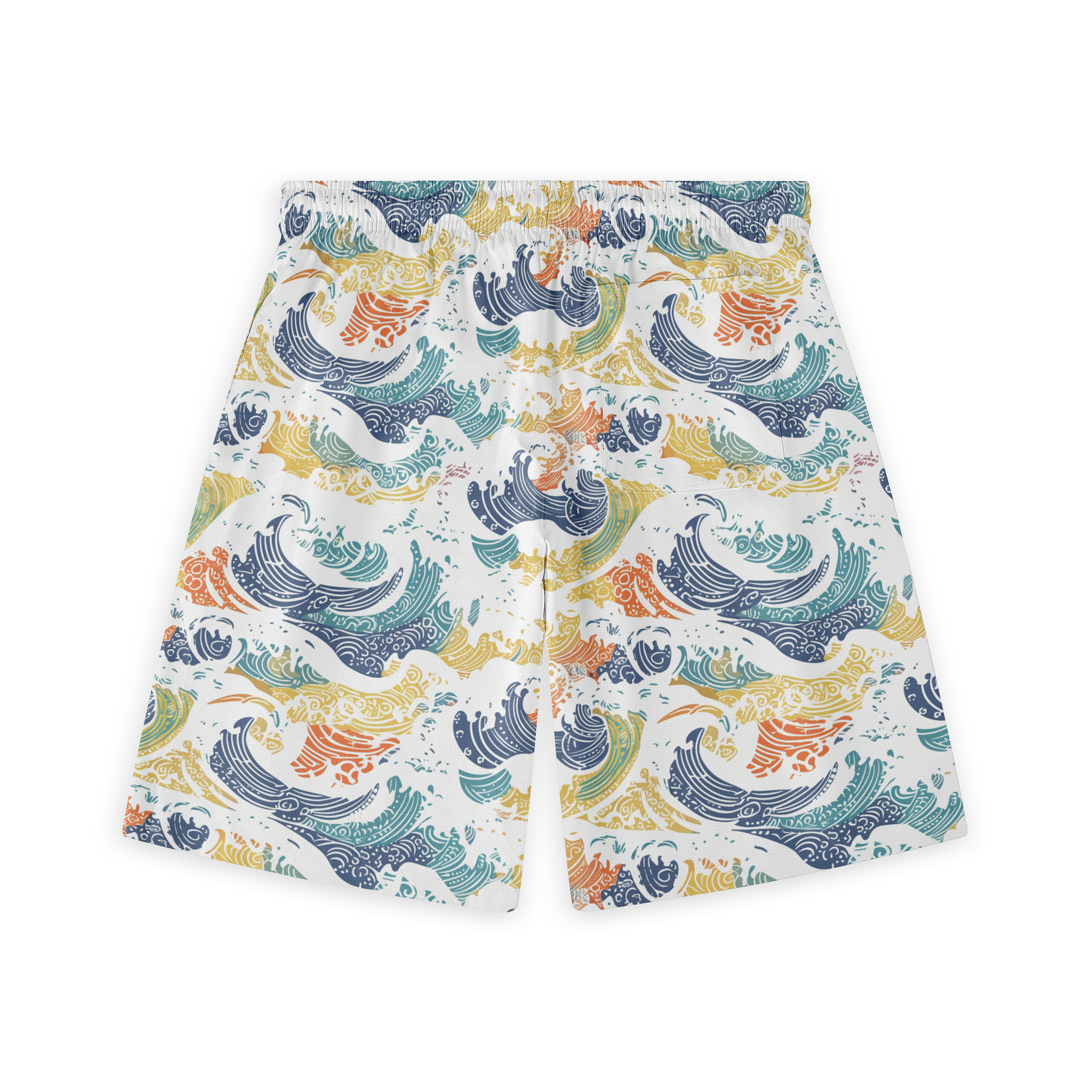 A pair of shorts featuring a vibrant design with multicolored ocean waves in shades of blue, yellow, and orange, creating a dynamic and energetic pattern on a white background.