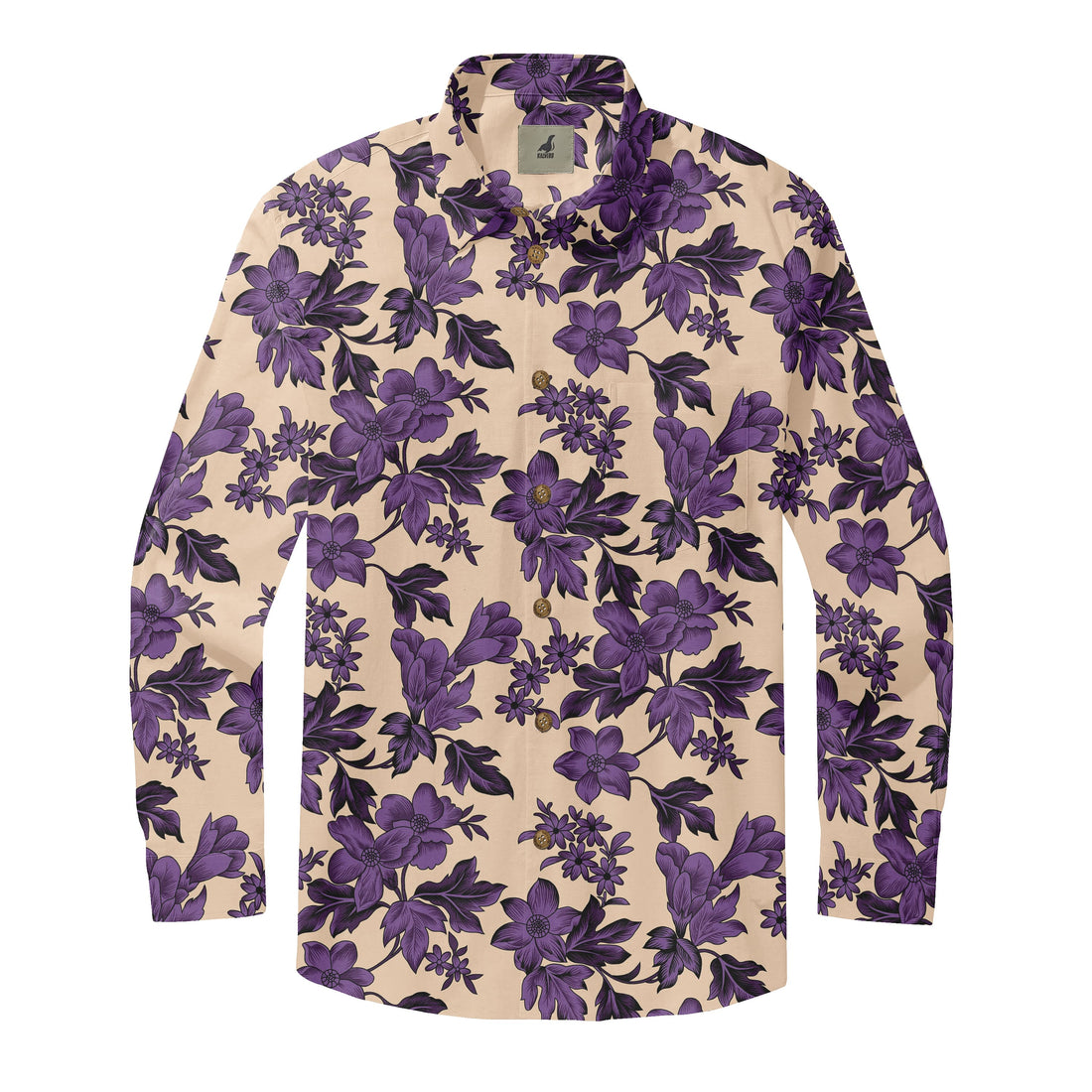 Beige Purple Tropical Floral Long Sleeve Hawaiian Shirt