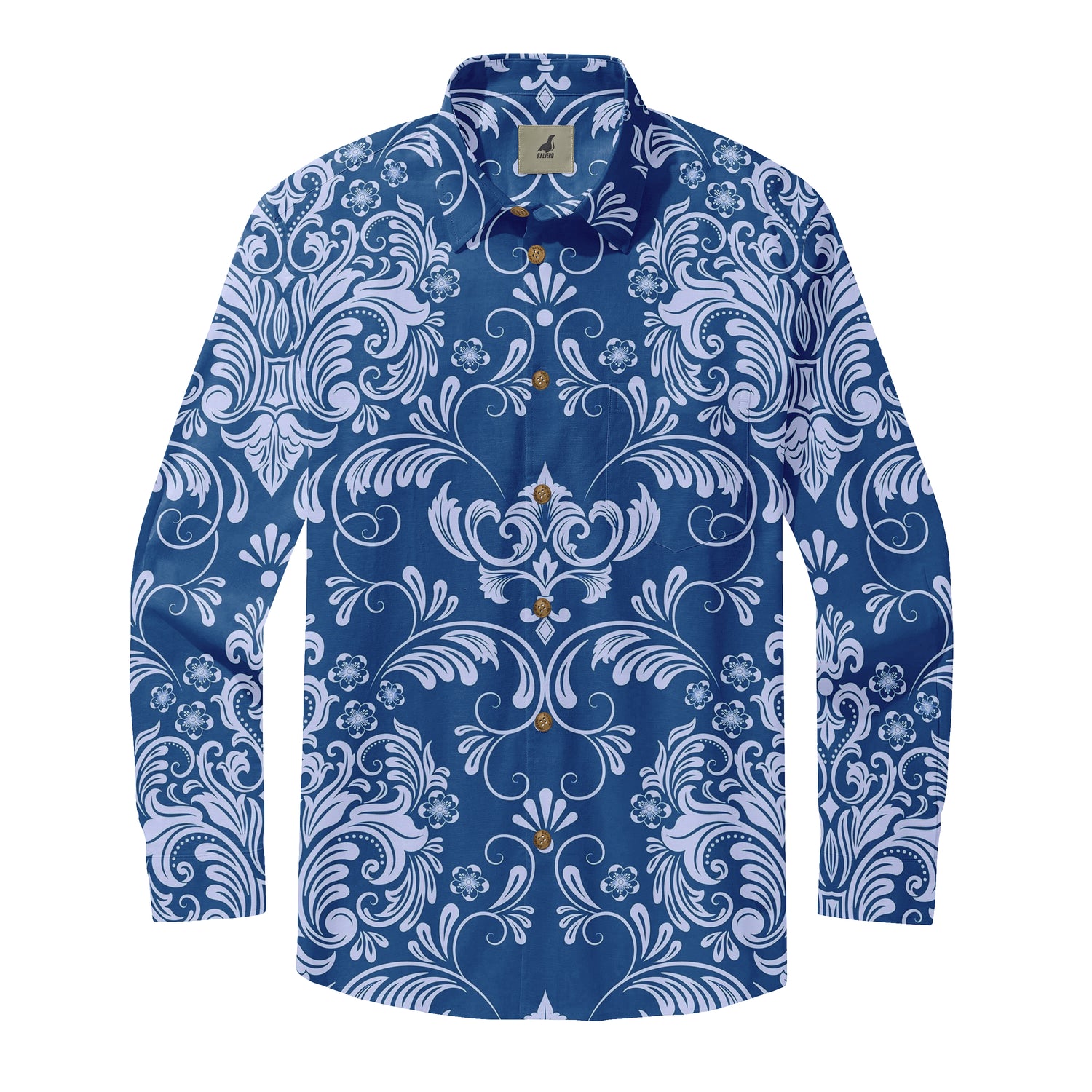 Blue White Floral Long Sleeve Hawaiian Shirt