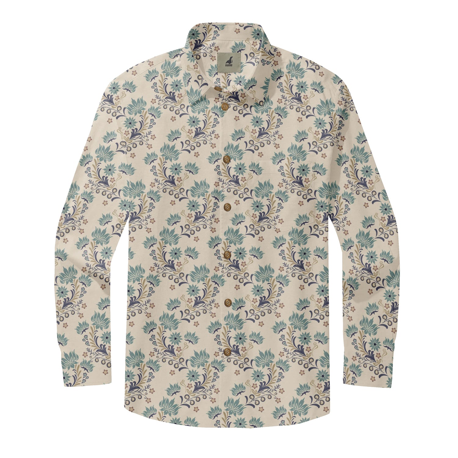 Beige Tropical Floral Long Sleeve Hawaiian Shirt