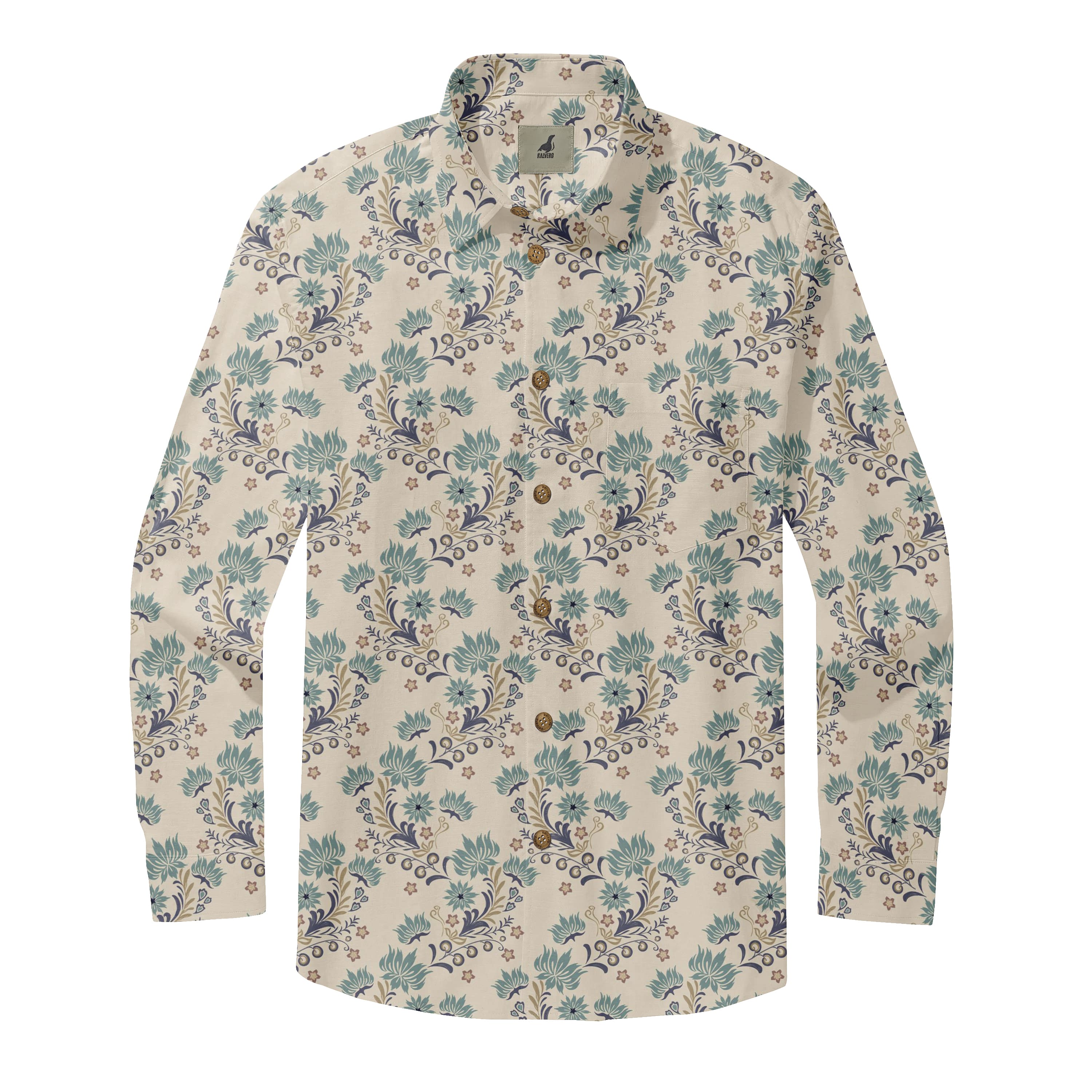 Beige Tropical Floral Long Sleeve Hawaiian Shirt