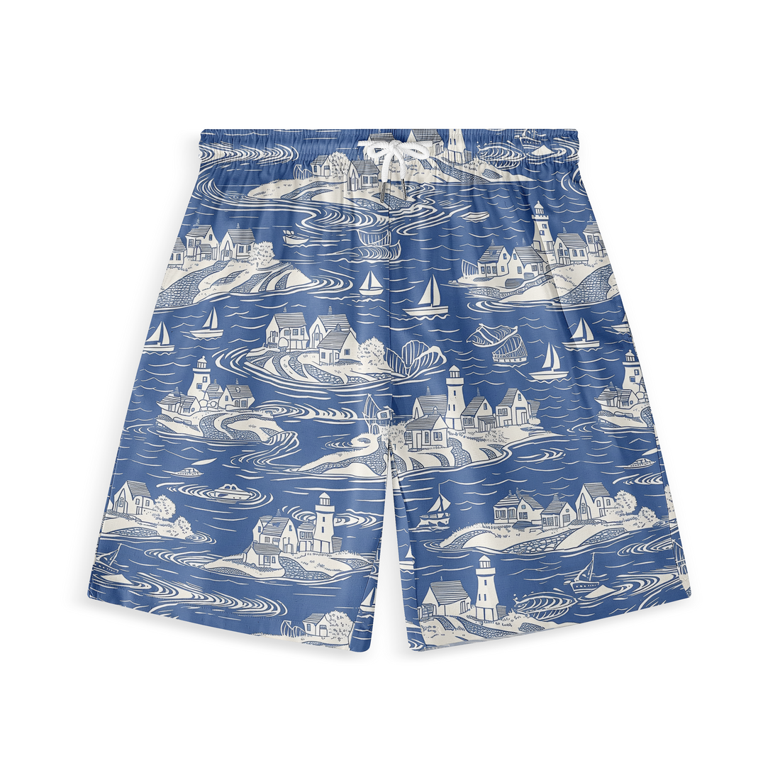 Blue swim shorts with white coastal scene pattern featuring houses.
