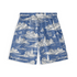 A pair of shorts featuring a nautical-themed design with intricate illustrations of coastal villages, lighthouses, and sailboats set against a blue background, evoking a serene seaside atmosphere.