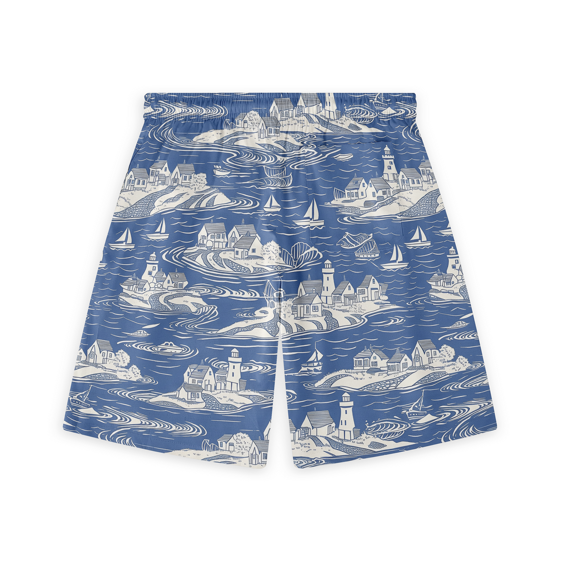 Blue swim shorts with white coastal scene pattern featuring.