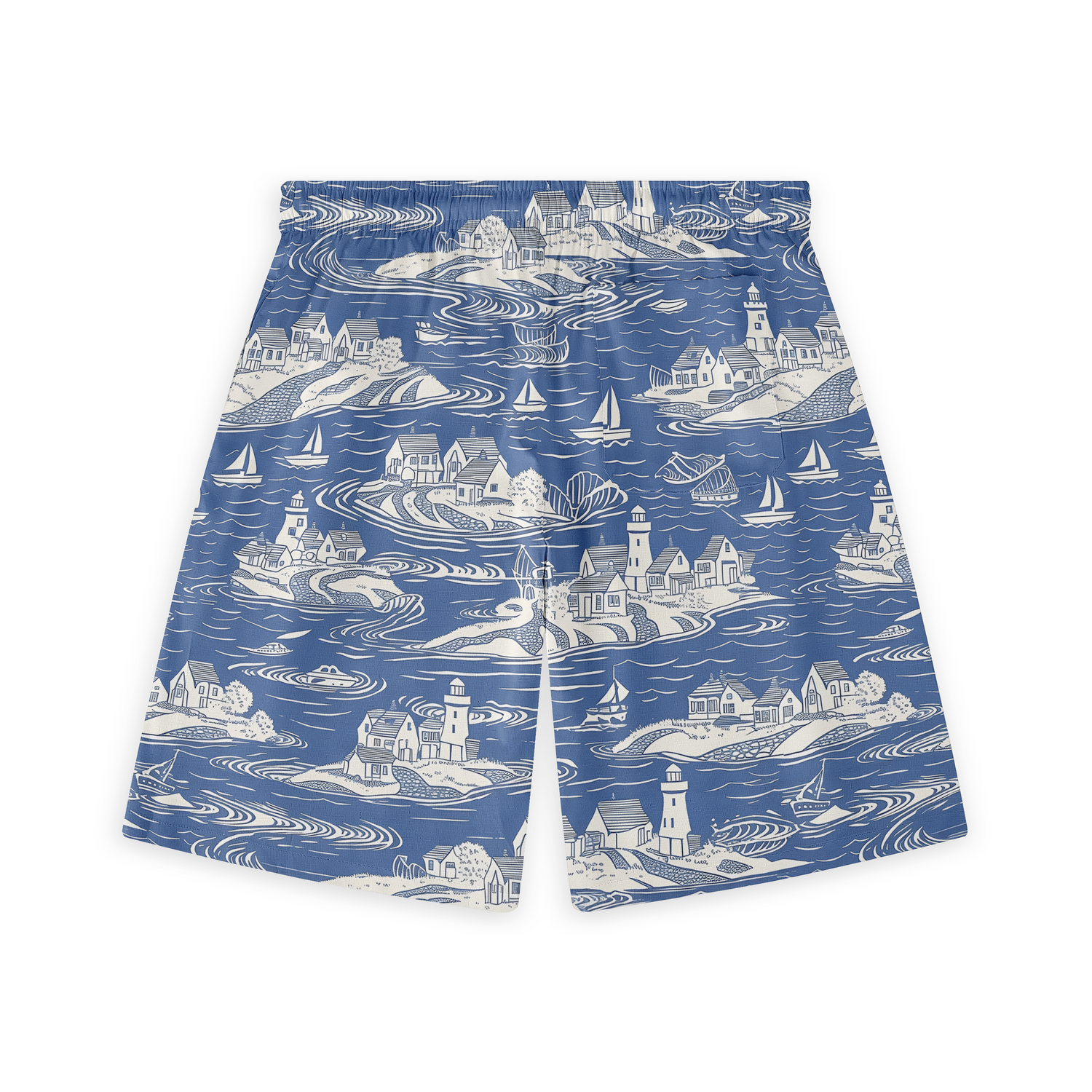 A pair of shorts featuring a nautical-themed design with intricate illustrations of coastal villages, lighthouses, and sailboats set against a blue background, evoking a serene seaside atmosphere.