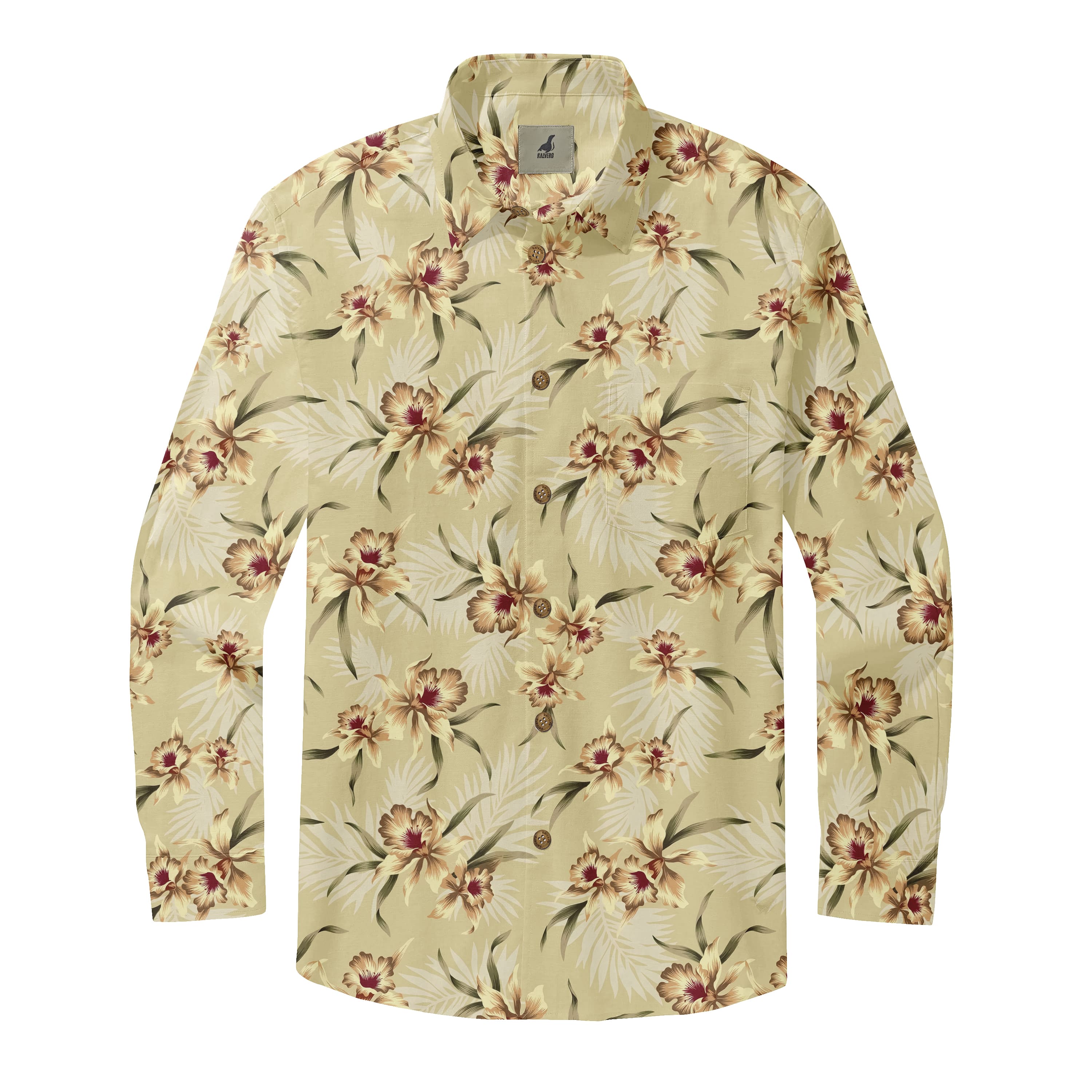 Light Yellow Tropical Floral Long Sleeve Hawaiian Shirt