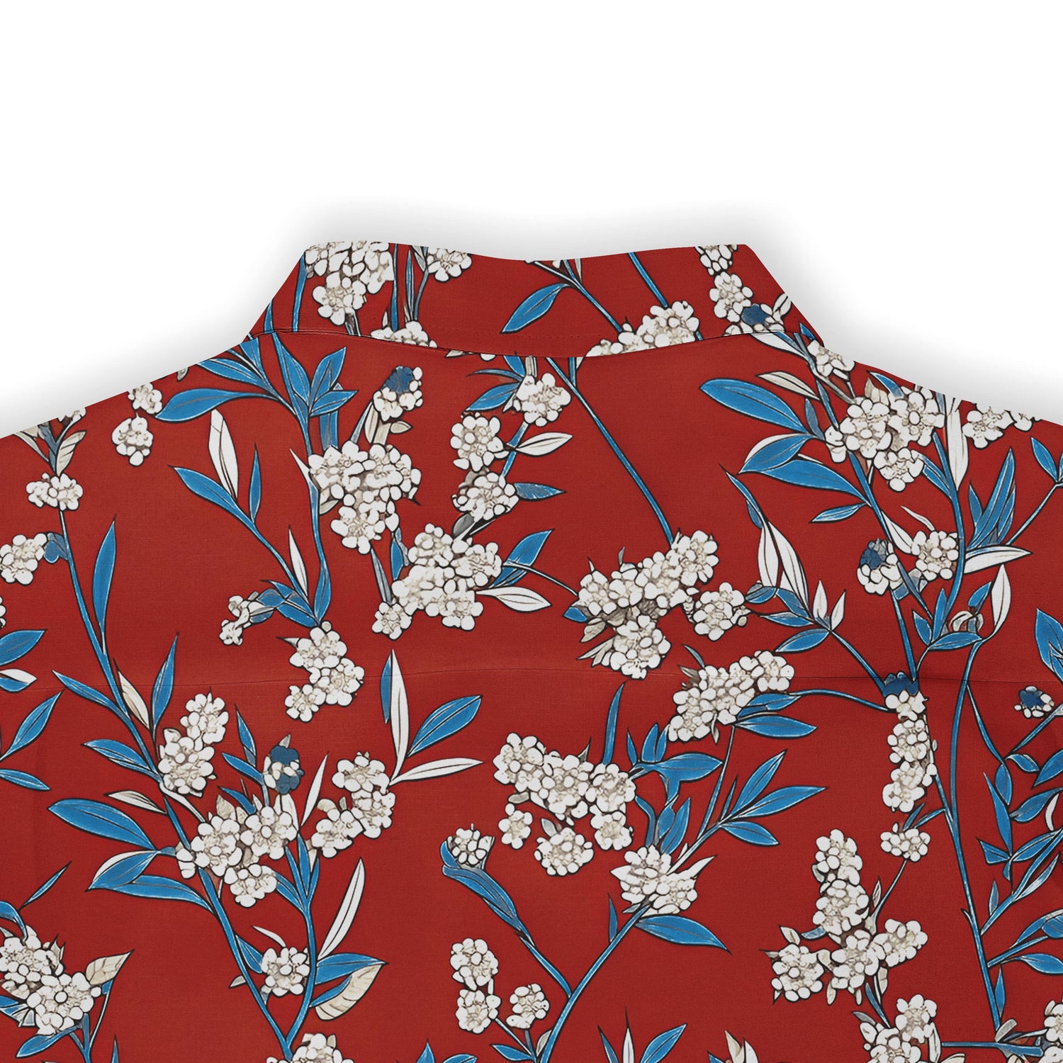 Red shirt with a delicate balance of white and blue floral patterns.