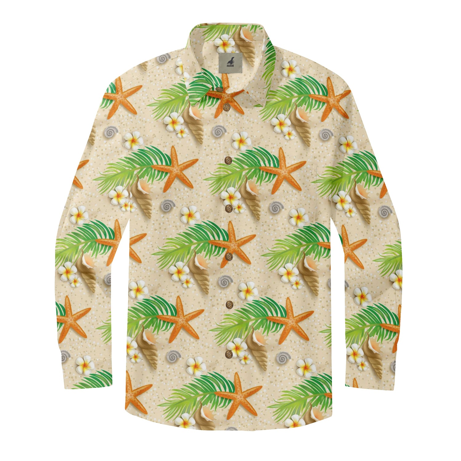 Beige Tropical Starfish and Palm Long Sleeve Hawaiian Shirt