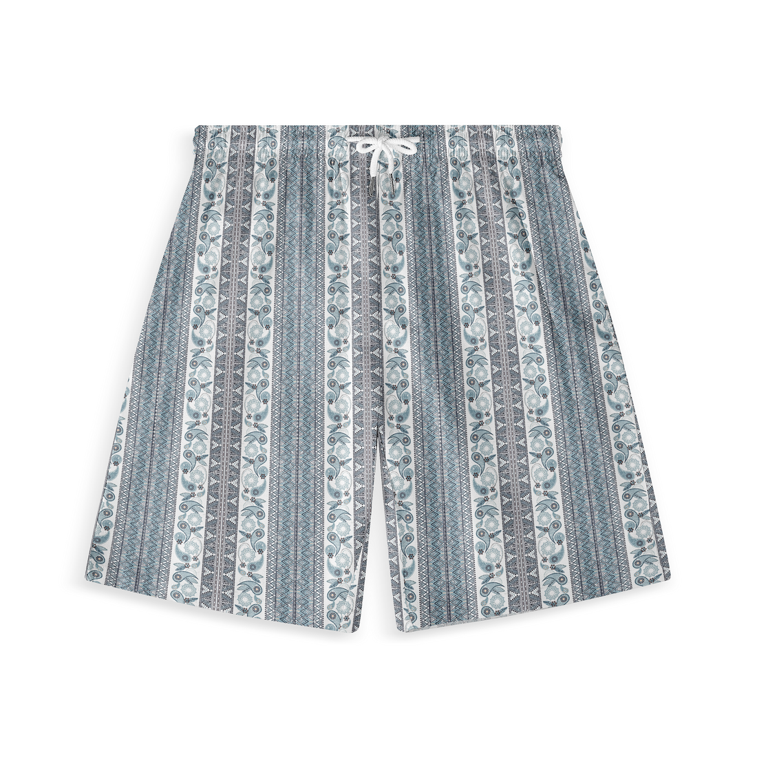 A pair of shorts featuring a vertical stripe design with intricate scrolling patterns and geometric accents in shades of blue and gray, creating an elegant and serene visual effect.