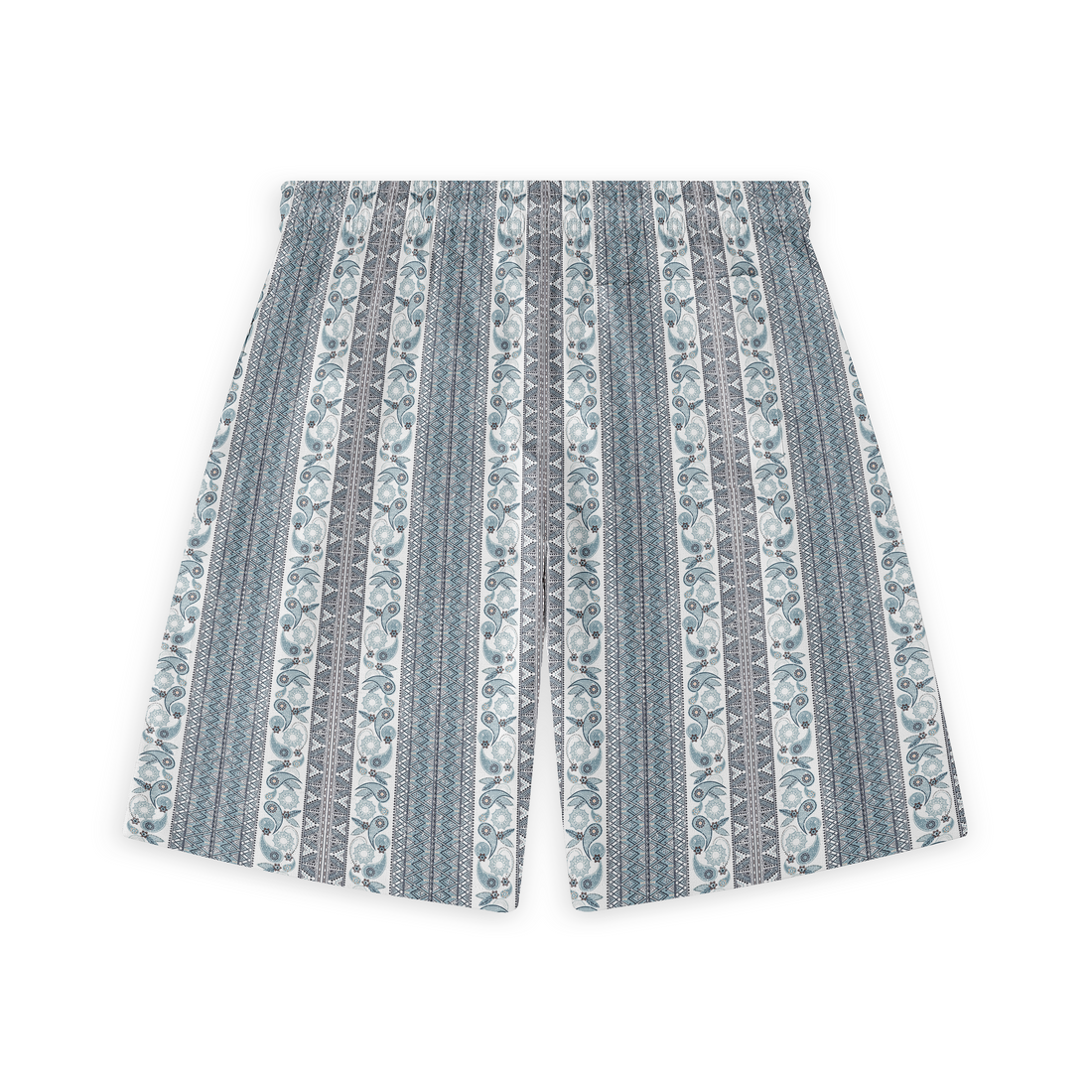 A pair of shorts featuring a vertical stripe design with intricate scrolling patterns and geometric accents in shades of blue and gray, creating an elegant and serene visual effect.