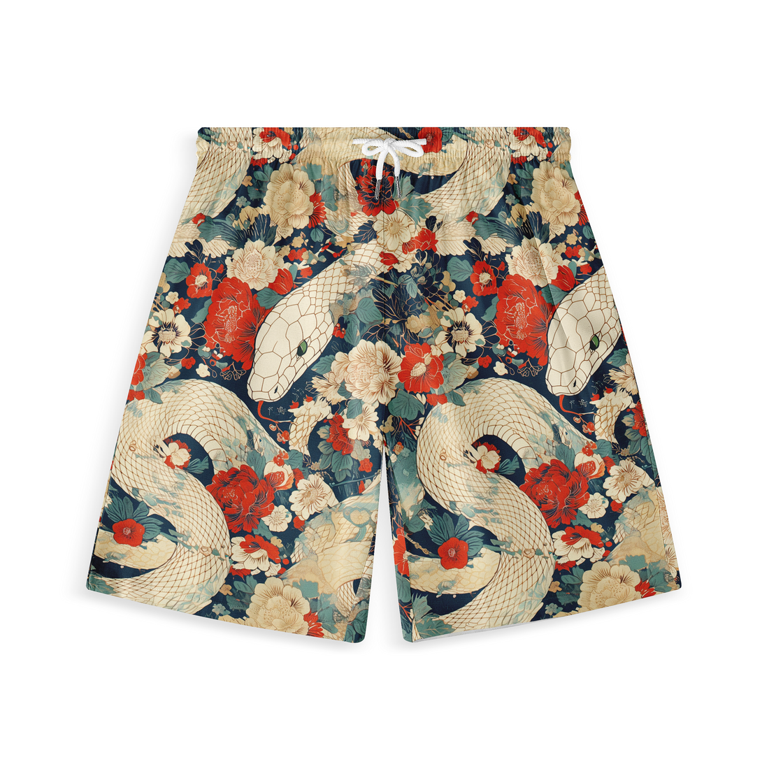 Floral and snake patterned shorts with a vibrant, artistic design.