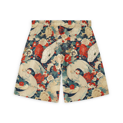 A pair of shorts featuring a bold design with intertwining serpents among vibrant red, cream, and blue flowers, creating a striking and dramatic pattern against a dark background.