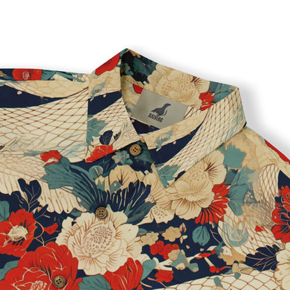Colorful floral shirt with mesh design and brand tag.