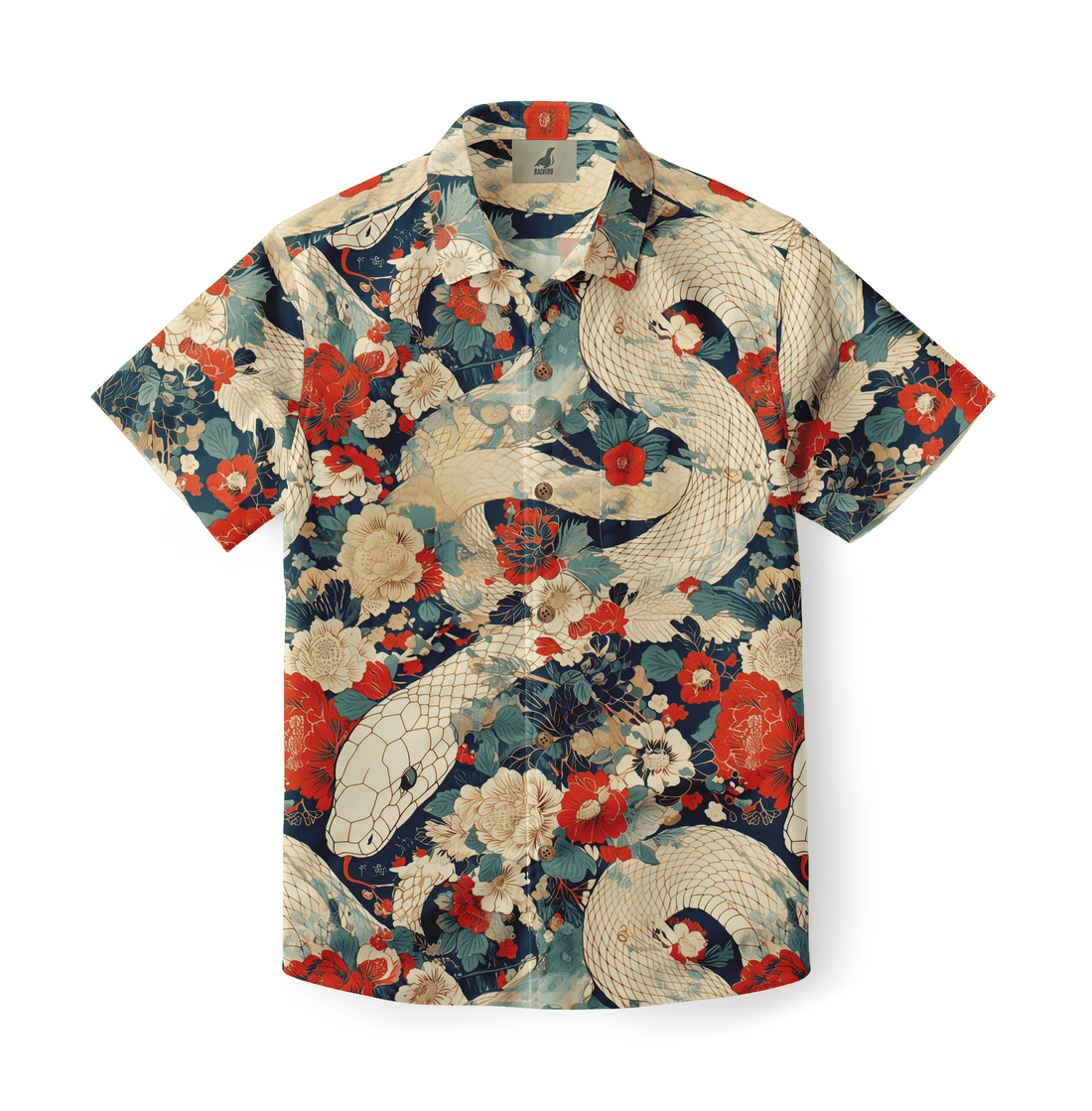 Floral snake print shirt, vibrant colors, short sleeves.