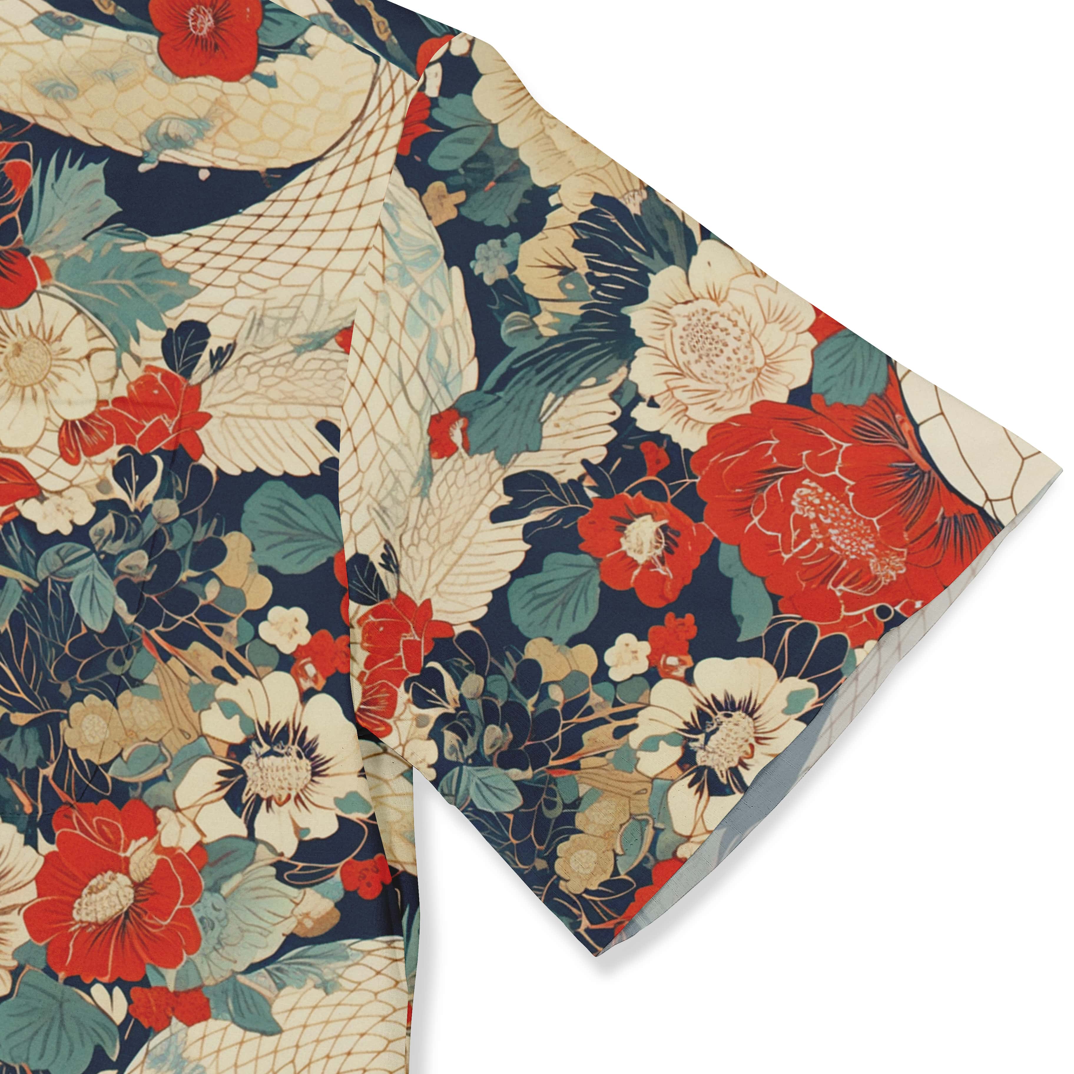 Floral fabric with red, white flowers and green leaves on dark.