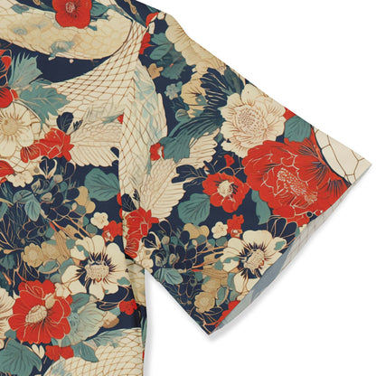 Floral fabric with red, white flowers and green leaves on dark.