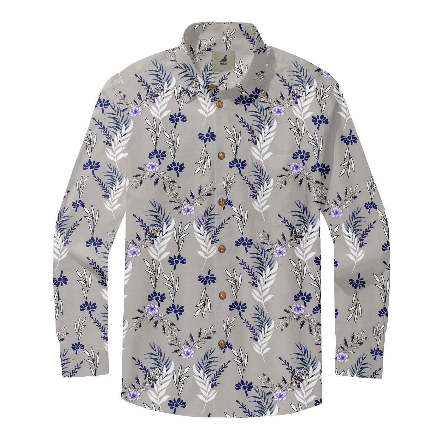 Gray Tropical Floral Long Sleeve Hawaiian Shirt