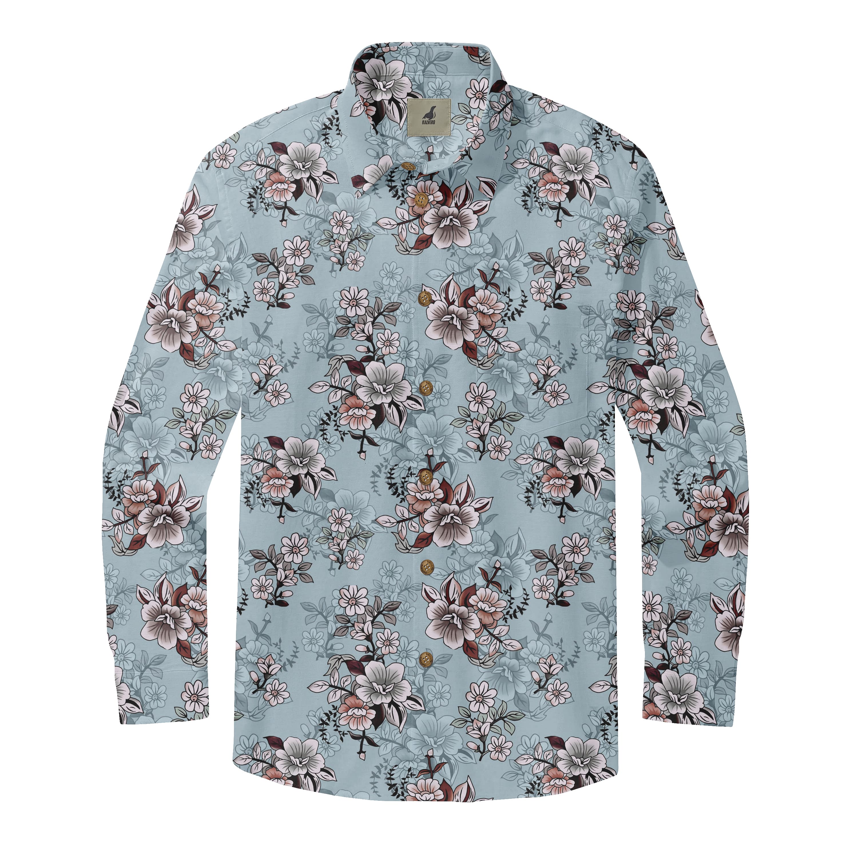 Light Blue Tropical Floral Long Sleeve Hawaiian Shirt