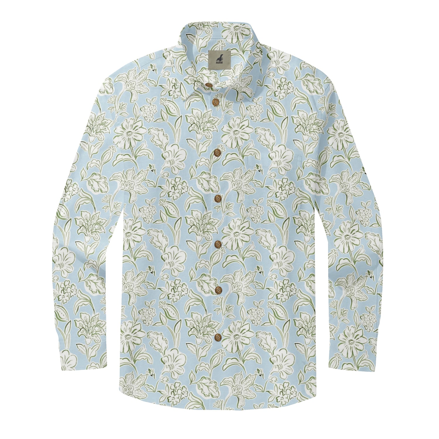 Light Blue White Floral Long Sleeve Hawaiian Shirt