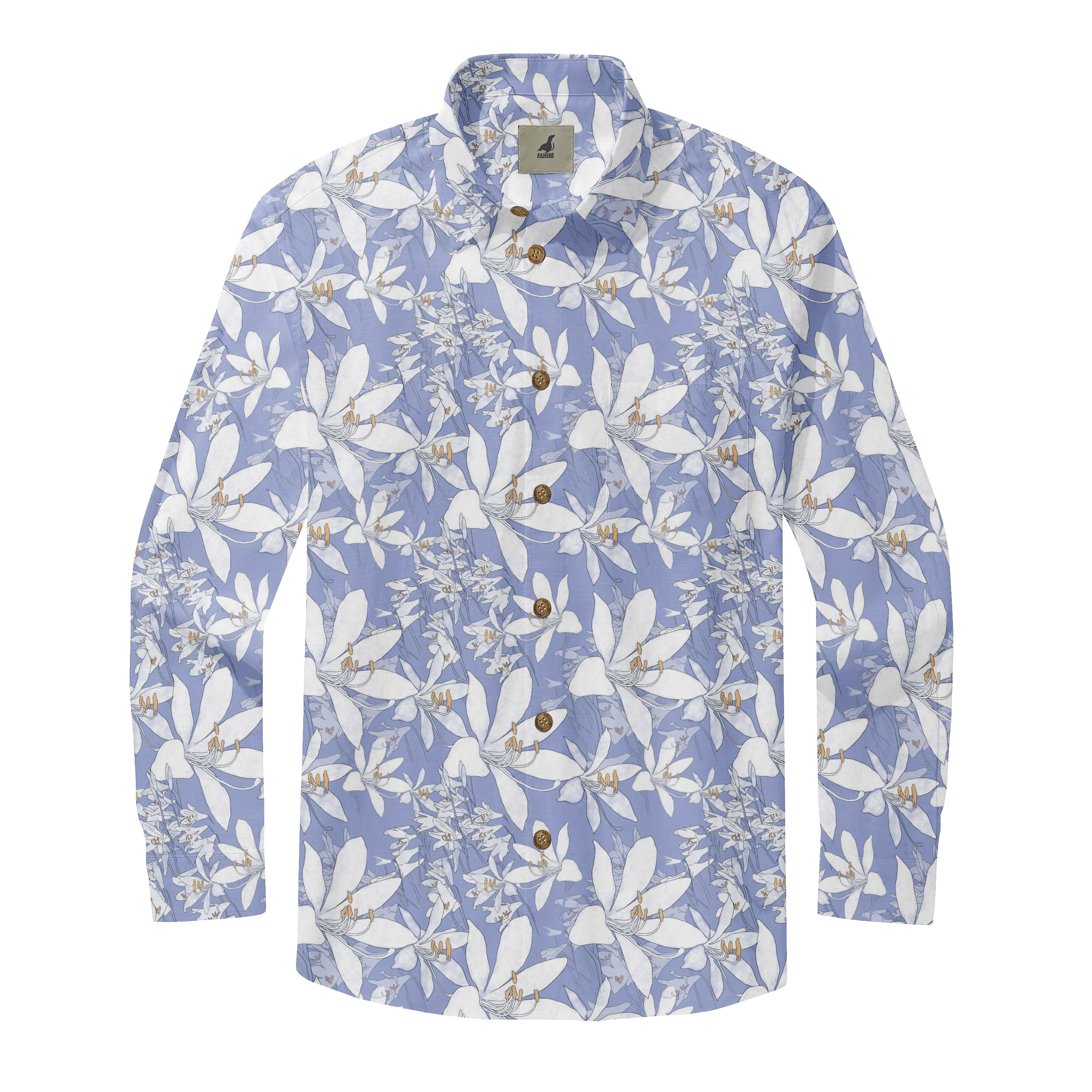 Light Blue Tropical Floral Long Sleeve Hawaiian Shirt