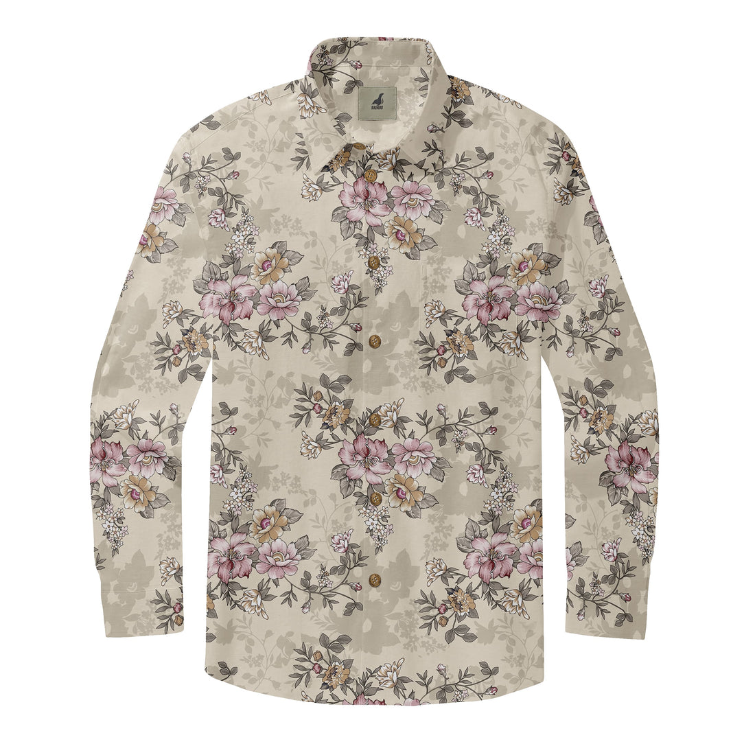 Beige Tropical Floral Long Sleeve Hawaiian Shirt