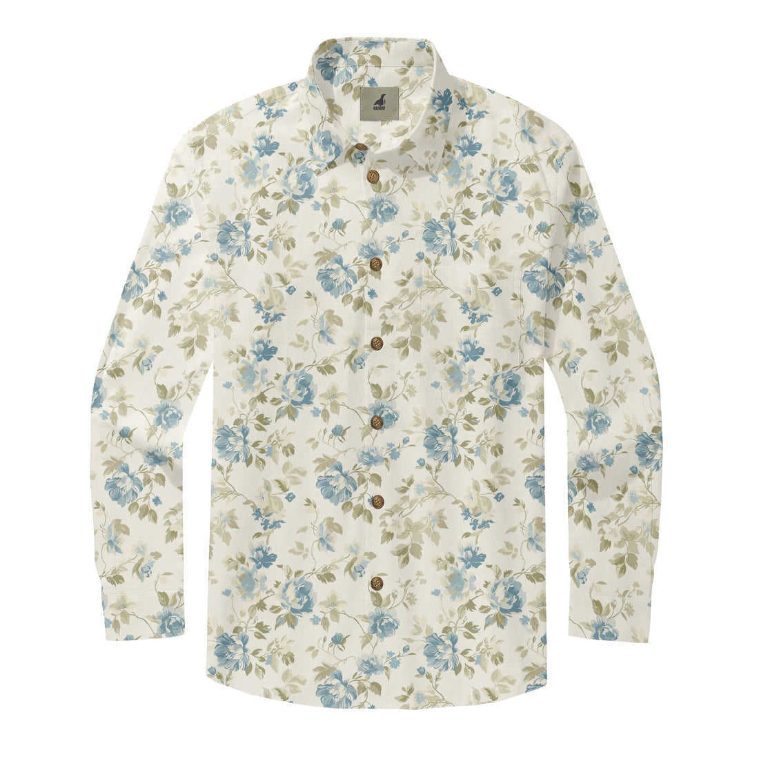 Cream Blue Floral Long Sleeve Hawaiian Shirt