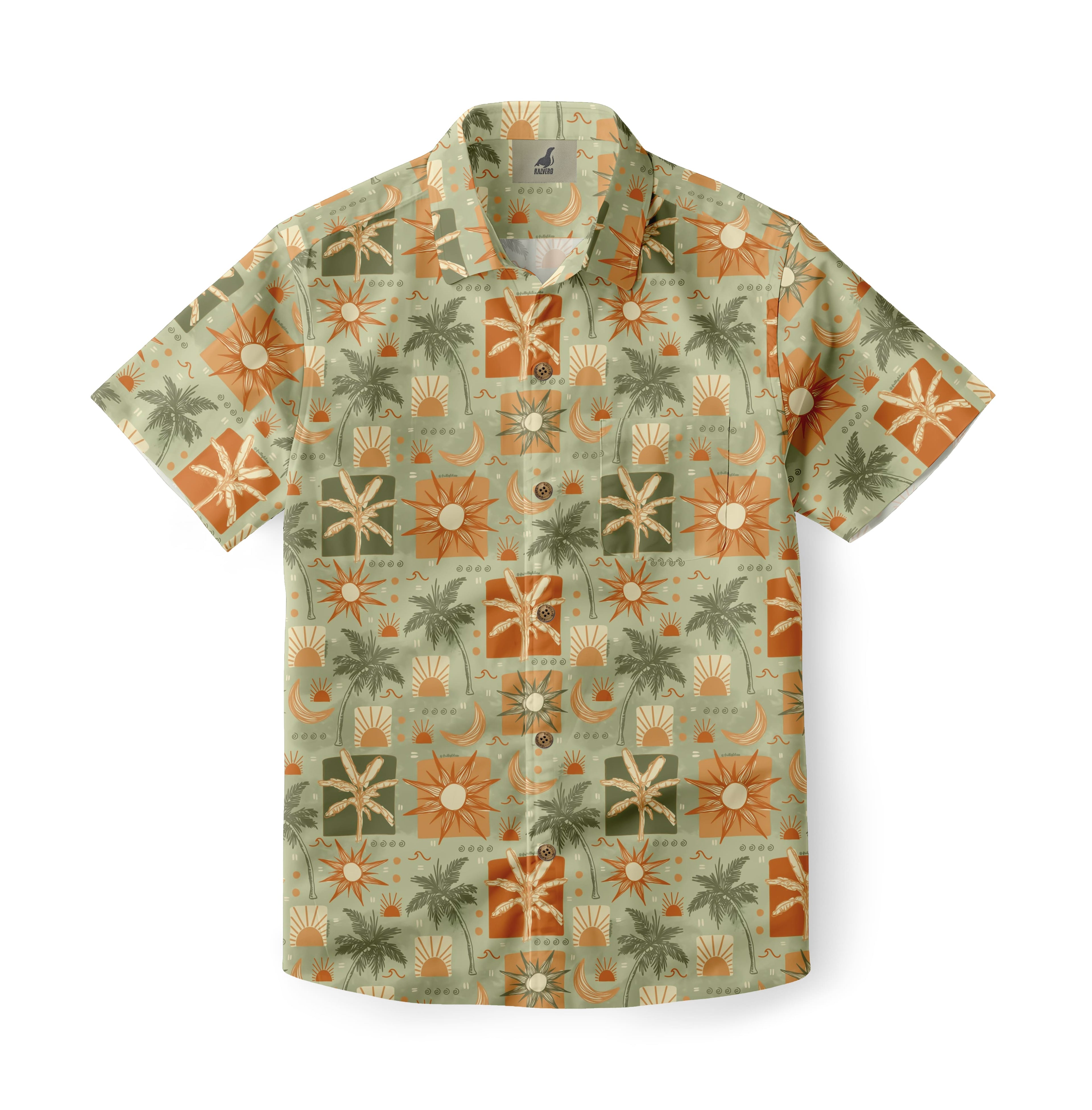 Sage Green Retro Tropical Sun and Moon Hawaiian Shirt