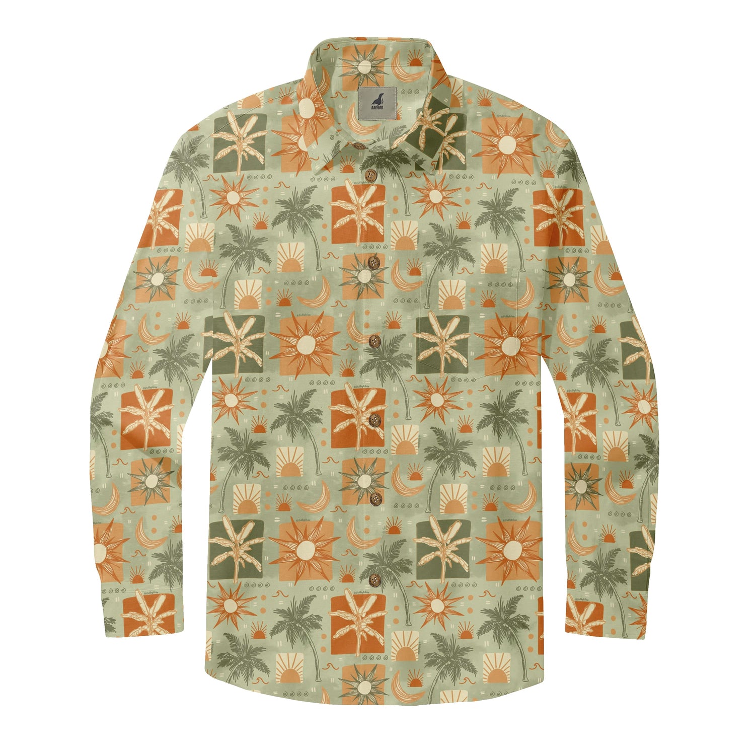 Sage Green Retro Tropical Sun and Moon Long Sleeve Hawaii...