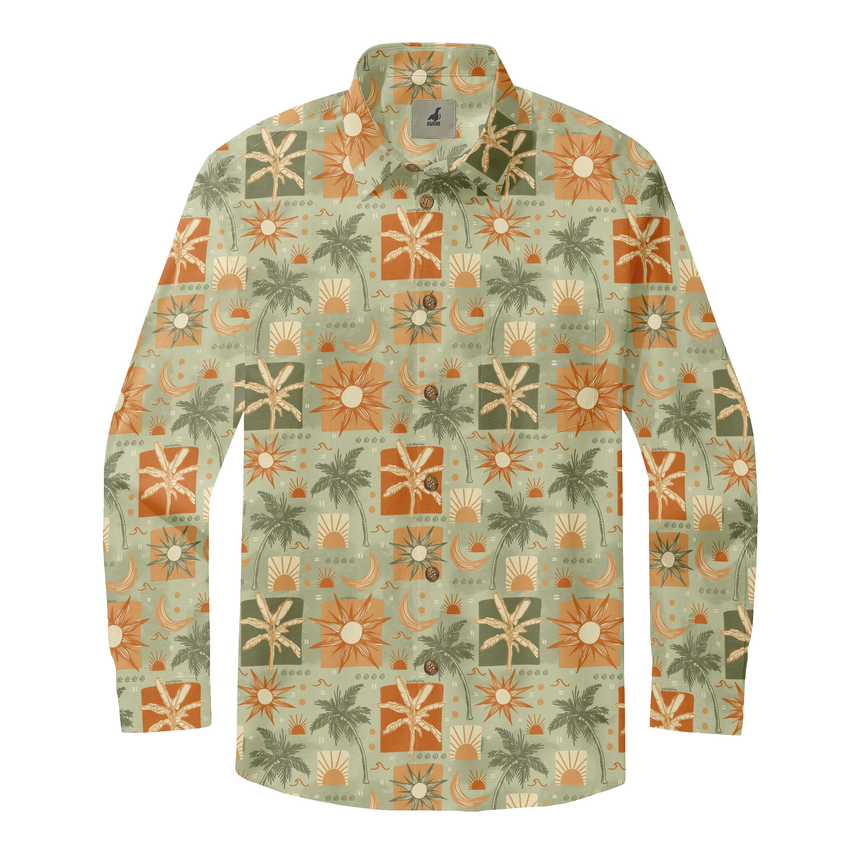 Sage Green Retro Tropical Sun and Moon Long Sleeve Hawaii...