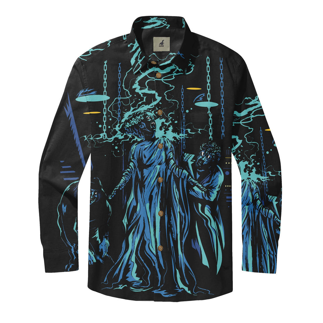 Black shirt with blue ghostly figures and chains design.
