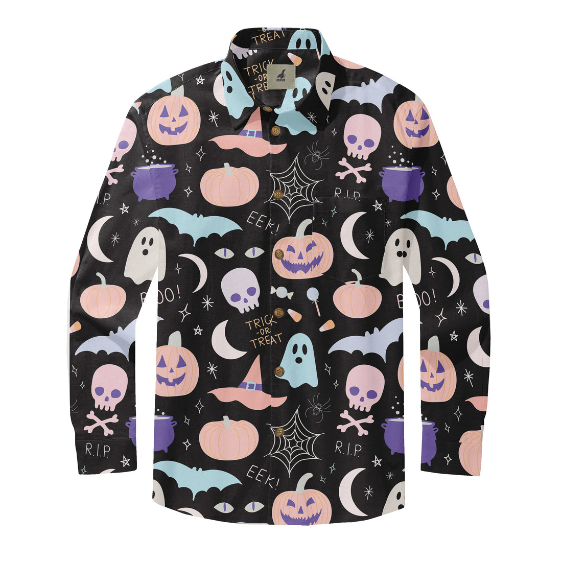 Black shirt with Halloween pumpkins, ghosts, bats, and skulls.