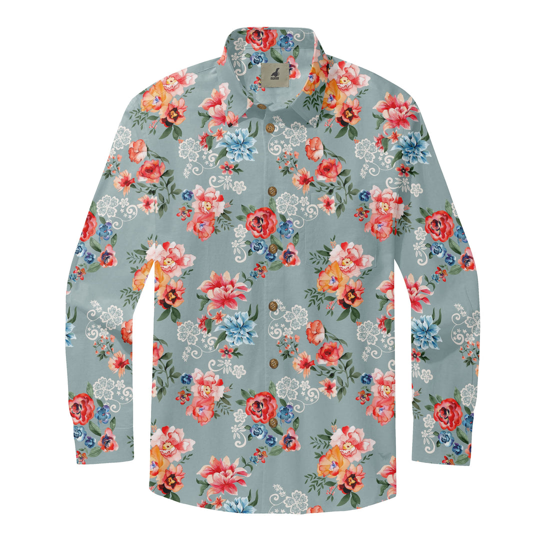 Light Blue Tropical Floral Long Sleeve Hawaiian Shirt