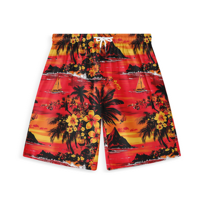 A pair of shorts featuring a vibrant sunset-themed design with a deep red, orange, and yellow gradient sky. The pattern includes black silhouettes of palm trees, tropical flowers, and sailboats on the ocean, evoking a warm and tropical paradise atmosphere.