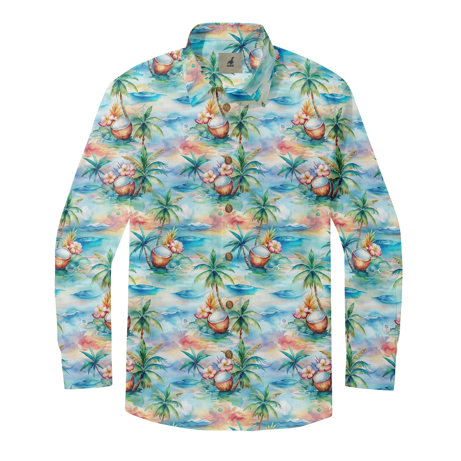 Blue Watercolor Coconut Palm Long Sleeve Hawaiian Shirt