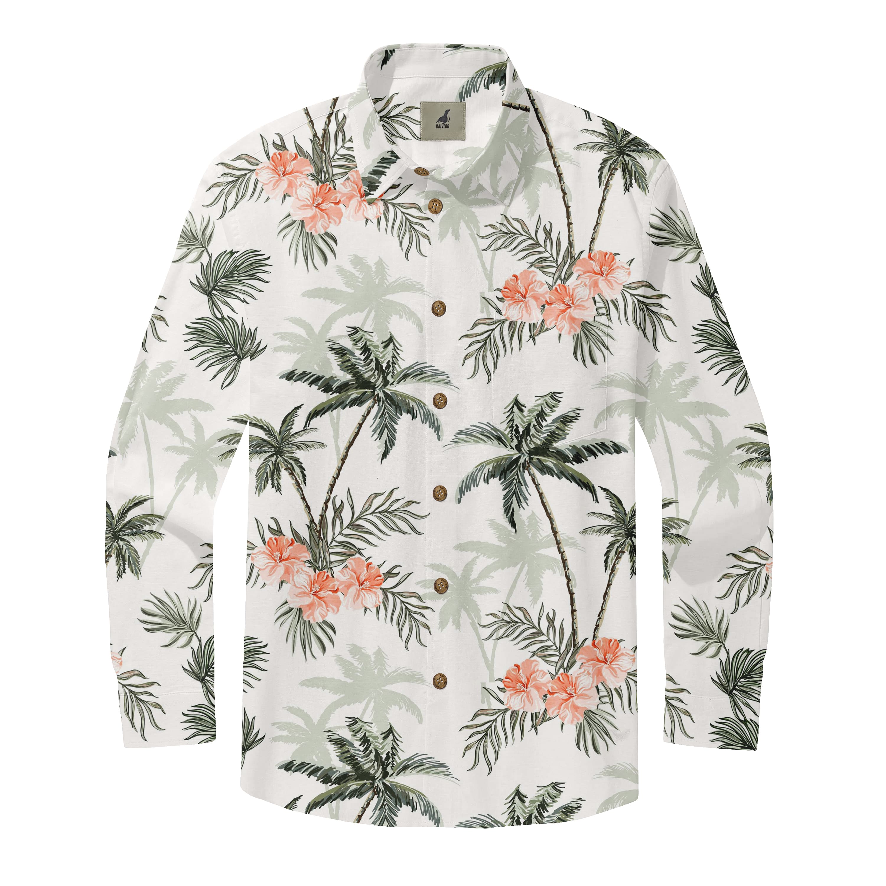 White Tropical Palm and Floral Long Sleeve Hawaiian Shirt