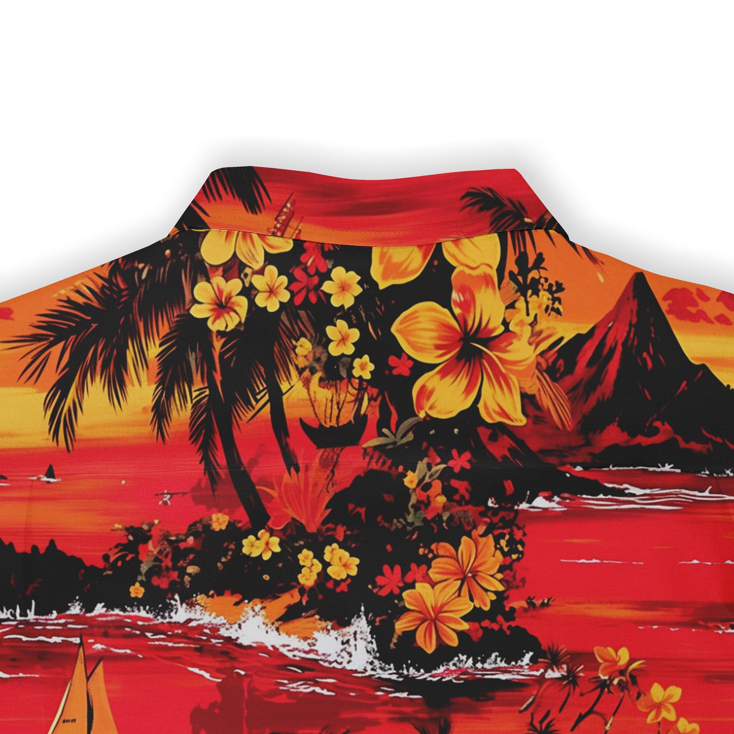 Colorful sunset-themed shirt with island vibes and floral patterns.