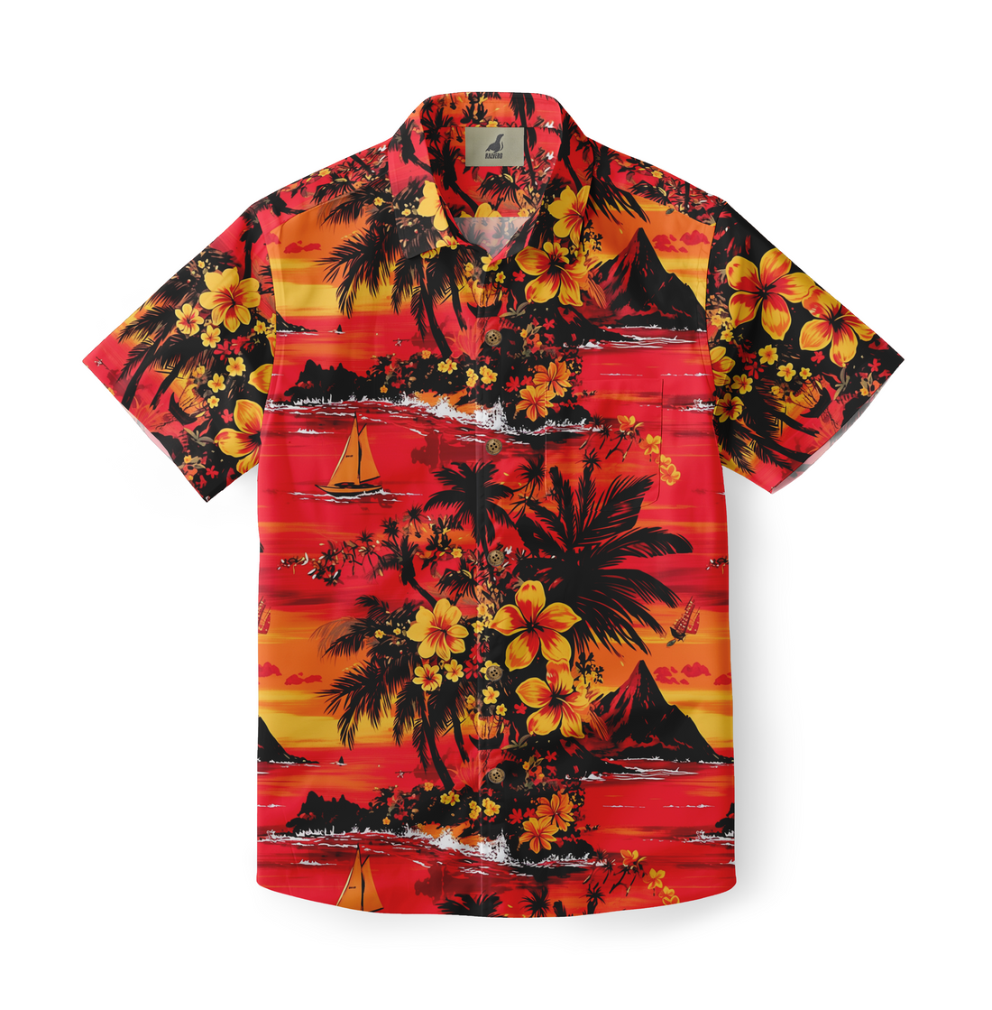 Vibrant tropical sunset shirt with palm trees and hibiscus flowers.