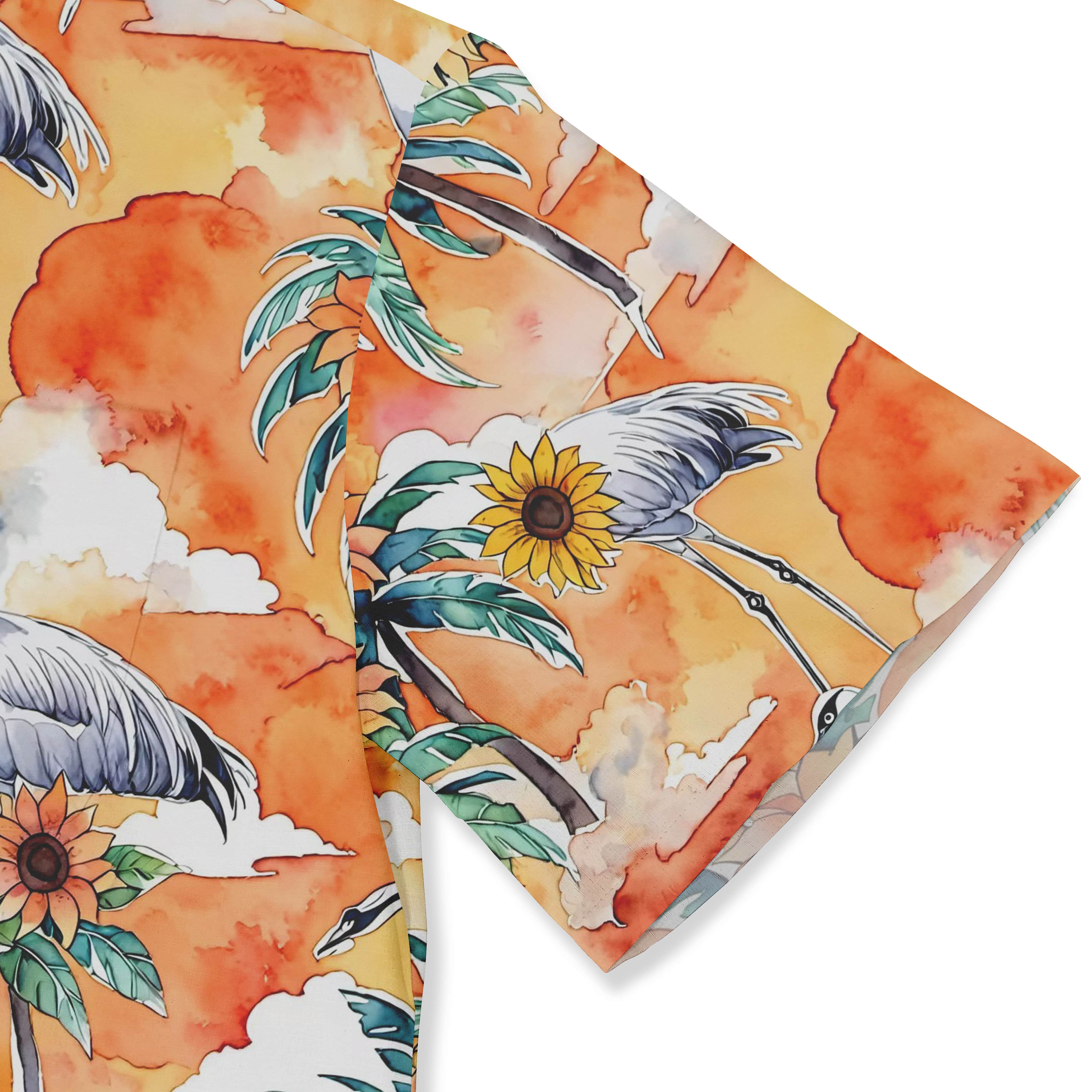 Nature-inspired shirt featuring cranes and watercolor sunset background.