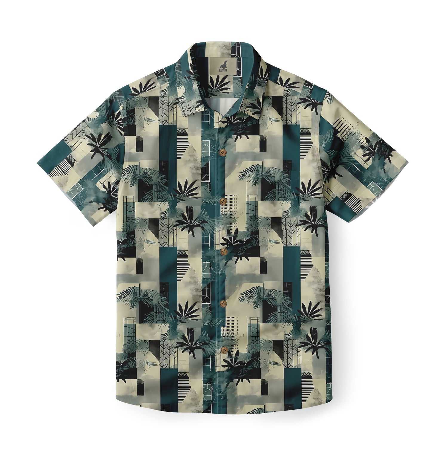Teal Geometric Palm Print Hawaiian Shirt