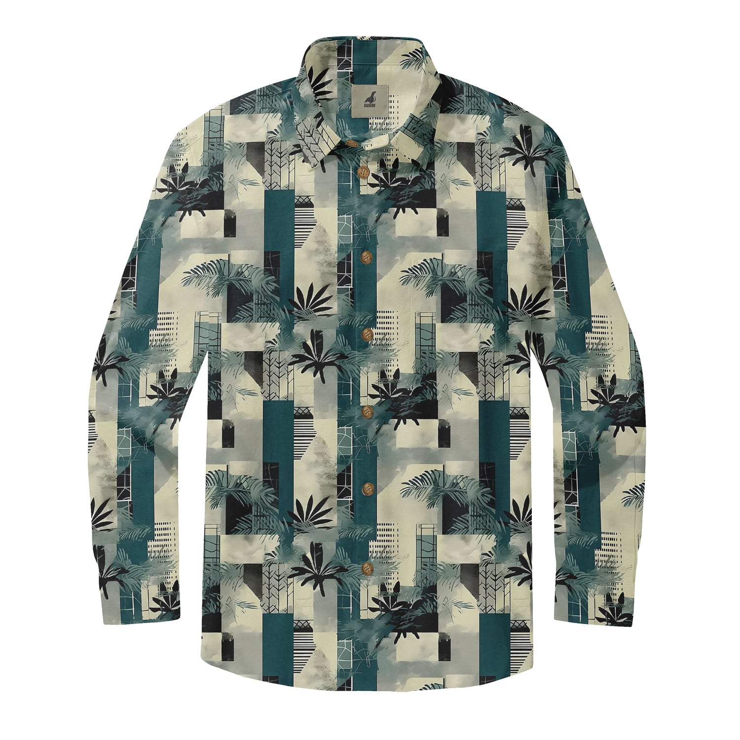 Teal Geometric Palm Print Long Sleeve Long Sleeve Hawaiia...