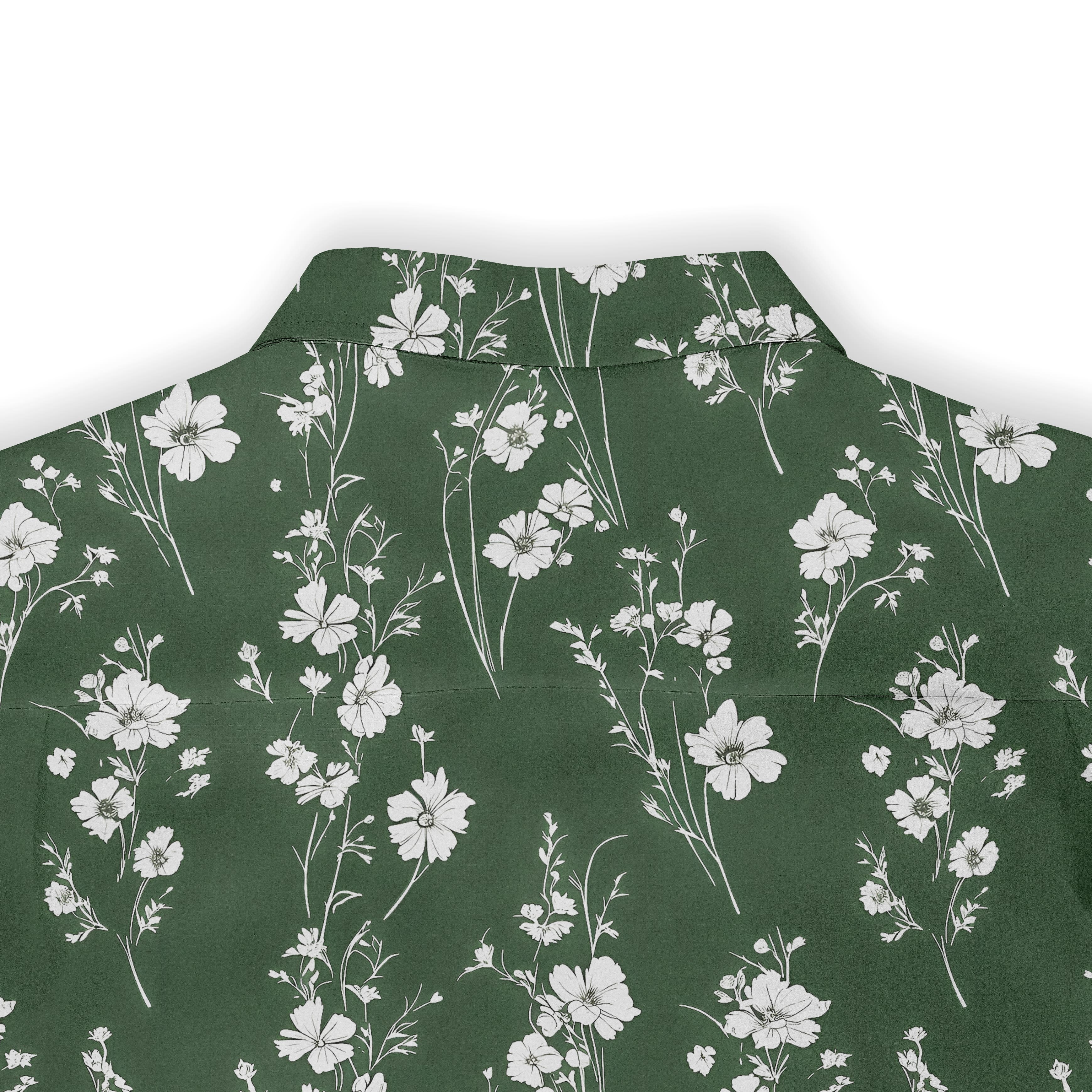 Green shirt with white floral print.