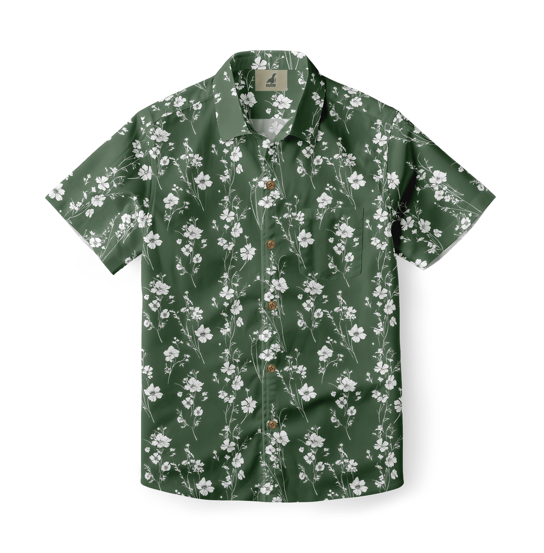 Green short-sleeve shirt with white floral pattern.