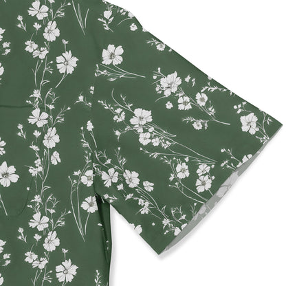 Elegant green shirt with a soft white floral print, capturing the essence of a blooming meadow.